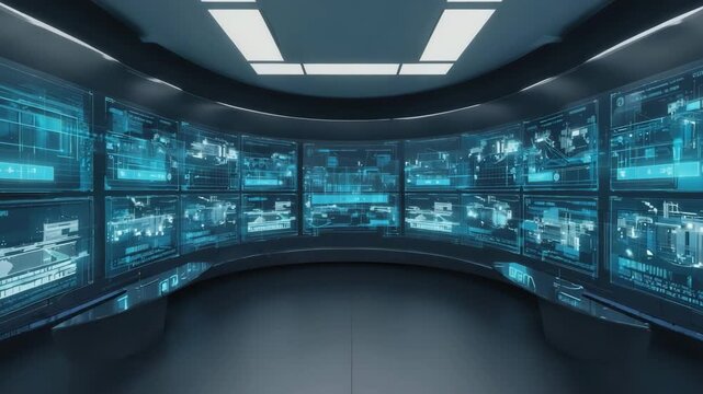 Futuristic circular command center features panoramic digital displaying real time analytics, surveillance monitoring, complex data visualization dashboards, advanced technology management systems