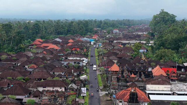 Aerial View of Traditional Village Architecture and Street in Tabanan, Bali, Indonesia