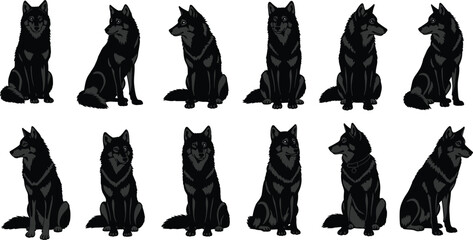 Black wolf silhouette set with various sitting poses and head turns, dark dog character turnaround vector illustration isolated on white for wildlife graphic design © Sohidul