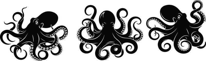 Black octopus silhouette set featuring giant kraken tentacles and sea monster character designs isolated underwater ocean animal vector illustration elements for nautical graphic design © Sohidul