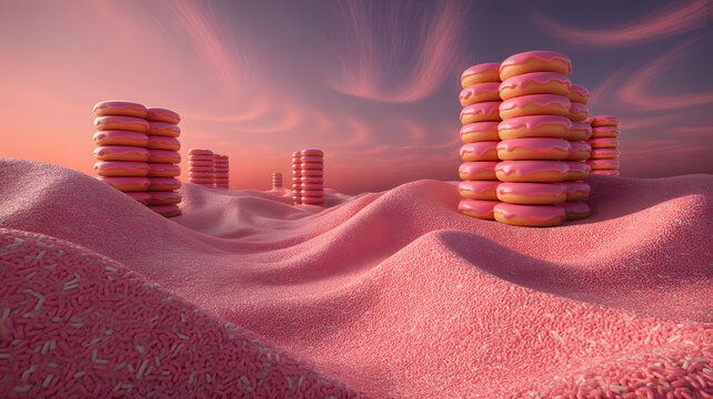 Whimsical landscape featuring towering stacks of pink frosted donuts on rolling hills of sprinkles a