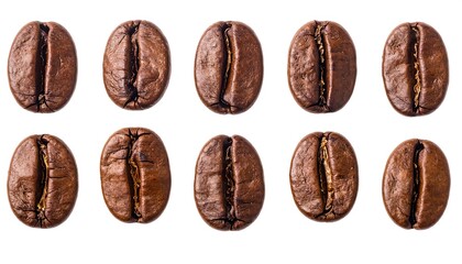 A collection of twelve brown coffee beans arranged in two rows