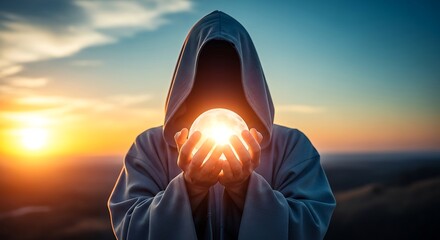 Anonymous figure in hooded robe holds glowing orb during sunrise, against a dramatic sky