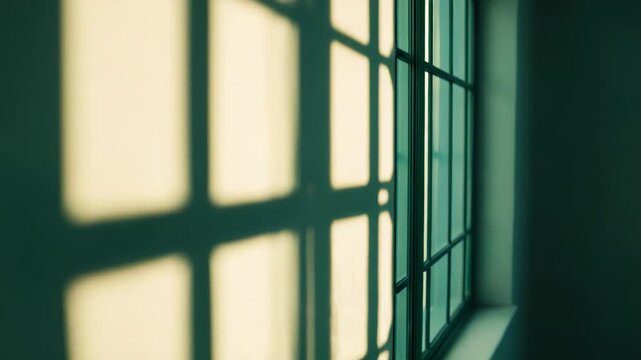 Sunlight casting strong, geometric shadows from a window frame onto an interior wall, creating a minimalist and atmospheric abstract pattern with a quiet mood