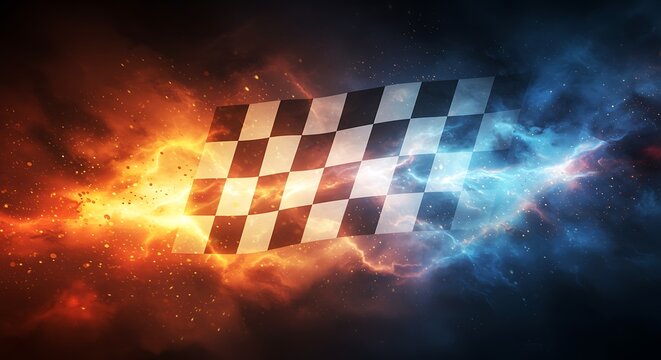Checkered flag waving in a fiery and electric cosmic background