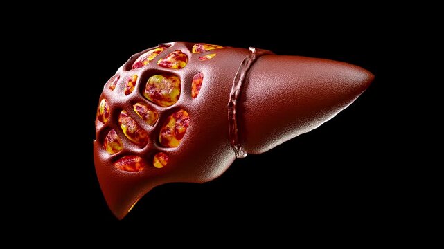 Fatty liver disease and liver cancer concepts illustrate the anatomy of damaged human liver with abnormal tissue or lumps of fat. for medical education. 3D render on black background and green screen.