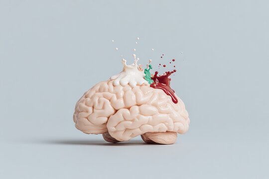 Human brain with colorful paint splashes exploding from the top representing creativity and artificial intelligence concepts on a clean background with copy space