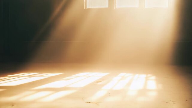 Sunlight beams filter through a window, creating atmospheric dust particles visibly dancing in the warm rays, casting a hopeful glow on the textured concrete floor in an old, empty room