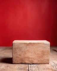 Rustic Wooden Block Pedestal Background on Timber Surface with Vibrant Red Backdrop for Product Showcase Mockup and Still Life Display