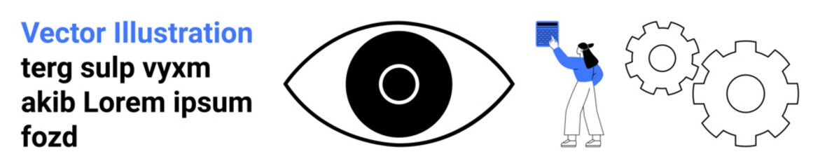Vision, technology, innovation, teamwork, data analysis, progress. Black eye icon beside gears and a figure handling a document. Vision and technology innovation concept © robu_s