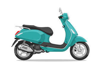 Obraz premium A teal scooter viewed from the side on a white background with clean lines and modern design