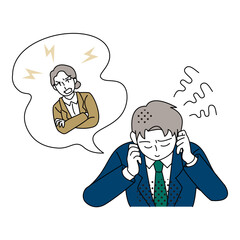 怒る上司を想像してストレスを感じるビジネスマンのイラスト