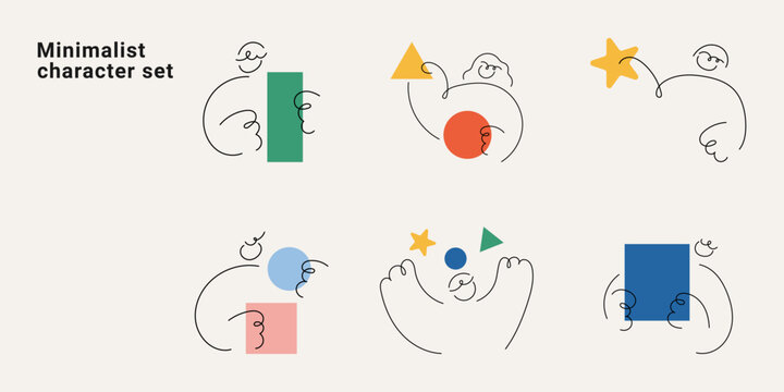 Minimalist character set with doodle line art abstract people and geometric shapes. One line drawing vector illustration collection for modern design and creative projects colorful.