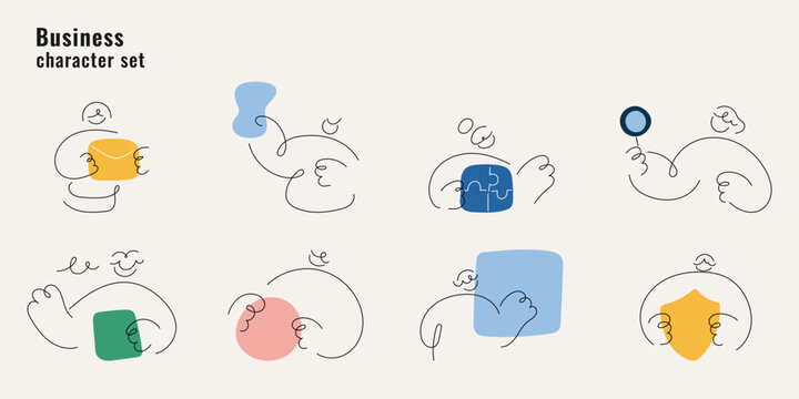 Business character set with doodle line art people working, collaborating and solving puzzles. One line drawing vector illustration for teamwork and business concepts colorful.