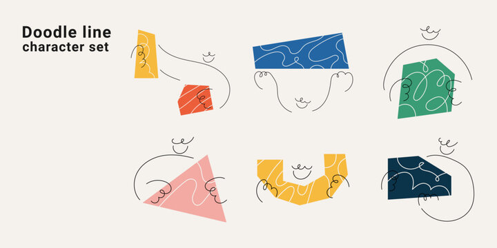 Doodle line character set with abstract people figures and geometric shapes. One line drawing minimalist vector illustration collection for modern creative design projects colorful.
