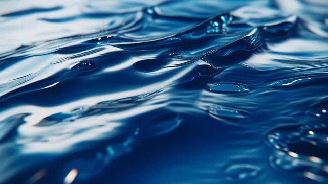 Blue liquid surface with vibrant reflections and intricate ripples, creating a calming abstract texture of motion, fluidity and glossy blue patterns ideal for backgrounds