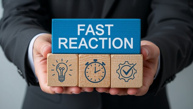 Business agility and quick response concept: Corporate professional holding wooden blocks with Fast Reaction message, idea, time, and execution icons