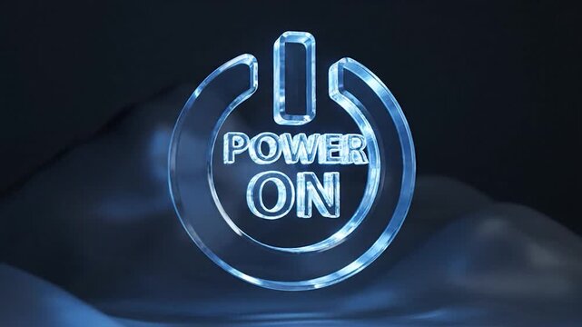 A glowing 3D power on button symbol with electric energy.