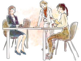 水彩風・女性社員によるビジネス打ち合わせシーンのイラスト
