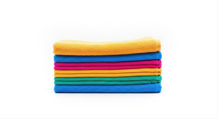 Obraz premium Colorful folded gym towels neatly stacked and isolated on a white background, showcasing vibrant hues and clean lines