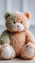 Fototapeta premium Stuffed Bear Toy Sitting Upright in a Studio Setting for a Child Retail Catalog Featuring Soft Sage Green and Muted Peach Plush Fabric and White Accents