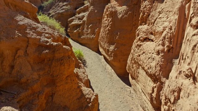 Low altitude drone flight between narrow winding eroded sandstone canyon walls with sparse vegetation in Kyrgyzstan