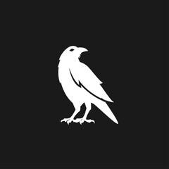 Obraz premium White Raven Silhouette Logo Icon on Black Background