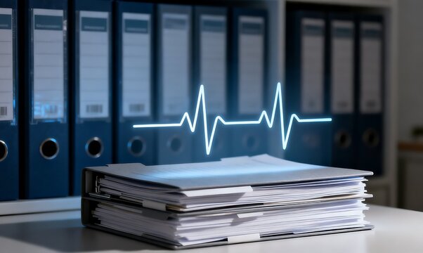 Medical data analysis and healthcare records management, represented by a heartbeat graph over documents