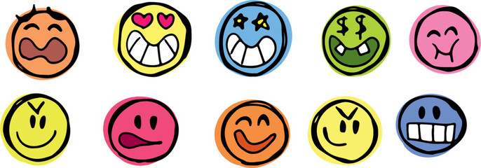 Naklejka premium Collection of playful, colorful round caricature faces showing various expressions. Emoji icons and comic avatars in grunge vector style. Suitable for fun and engaging designs