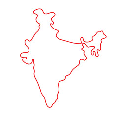Clean minimalist outline map of India illustrated with a smooth red line on a white background. Simple vector-style geographic contour representing India&rsquo;s national boundary.