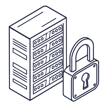 Server Security Padlock Protecting Data Center Rack Isometric Line Art Illustration Isolated