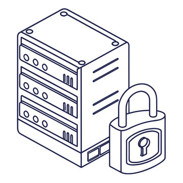 Server Security Padlock Protecting Data in Isometric Line Art Style