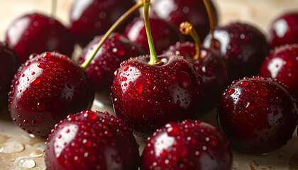 Macro of cherries with water drops