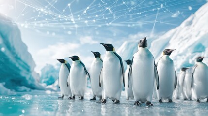 Group of Emperor Penguins Standing Together in Row on Arctic Ice with Digital Network Graphics for Winter Wildlife Technology Marketing and Scientific Research