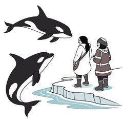 Orca whales and people on ice floe in arctic © shahin9