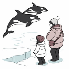 Mother and child watching orcas swim in arctic whale © shahin9