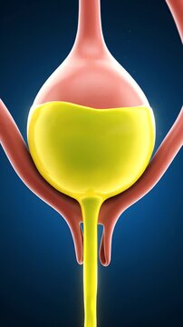 Anatomical illustration of the female urinary system showing bladder fullness and urine flow on a dark blue background