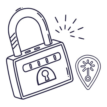 Padlock Combination Lock with Keyhole and Location Pin Icon, Hand Drawn Line Art
