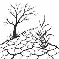 Obraz premium Cracked earth with bare tree and grass dry land drought