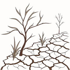 Obraz premium Dry cracked earth with bare trees and grass