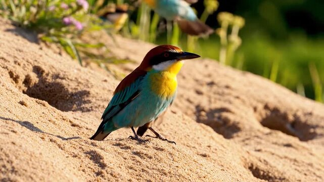 Two vibrant colorful birds perch on a sandy bank under the warm sunlight