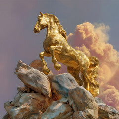 Majestic Golden Horse Statue: Mythical Equestrian Art for Luxury Home D&eacute;cor with Shimmering Gold Sculpture