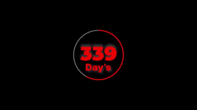 Annual Progress Circle - 1 to 365 Day Count Animation. Three hundred sixty five running numbers counting days, 0 to 365 day counting, zero to 365 day on with alpha transparent background.