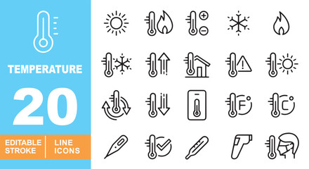 Temperature and Thermometer Line Icons. Editable stroke icons for medical & weather apps. Featuring forehead thermometer, fever warning, heat & cold levels, and Celsius or Fahrenheit units. © Neko funny