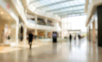Fototapeta premium Blurred interior view of a modern shopping mall featuring escalators, glass roof, and various shops. People can be seen moving through the space.