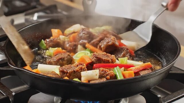 Delicious meat and colorful vegetables cooking in a hot cast iron pan on a gas