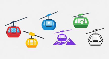 Set of colorful cable car icons and symbols for ski resorts. © Han