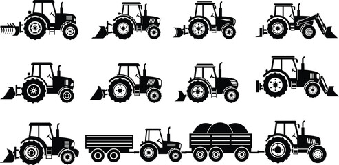 Black tractor silhouettes collection with agricultural machinery and farm trailers isolated on white background vector illustration set © Sohagh's World