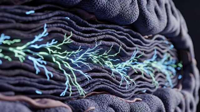 Close-up Macro Photograph of Nerve Synapse Transmission with Glowing Neural Pathways and Blue Light Particles on a Dark Background