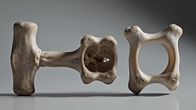 Close Up Macro Shot Of Animal Tarsal Bones On A Smooth Grey Surface With Dramatic Studio Lighting And Soft Shadows